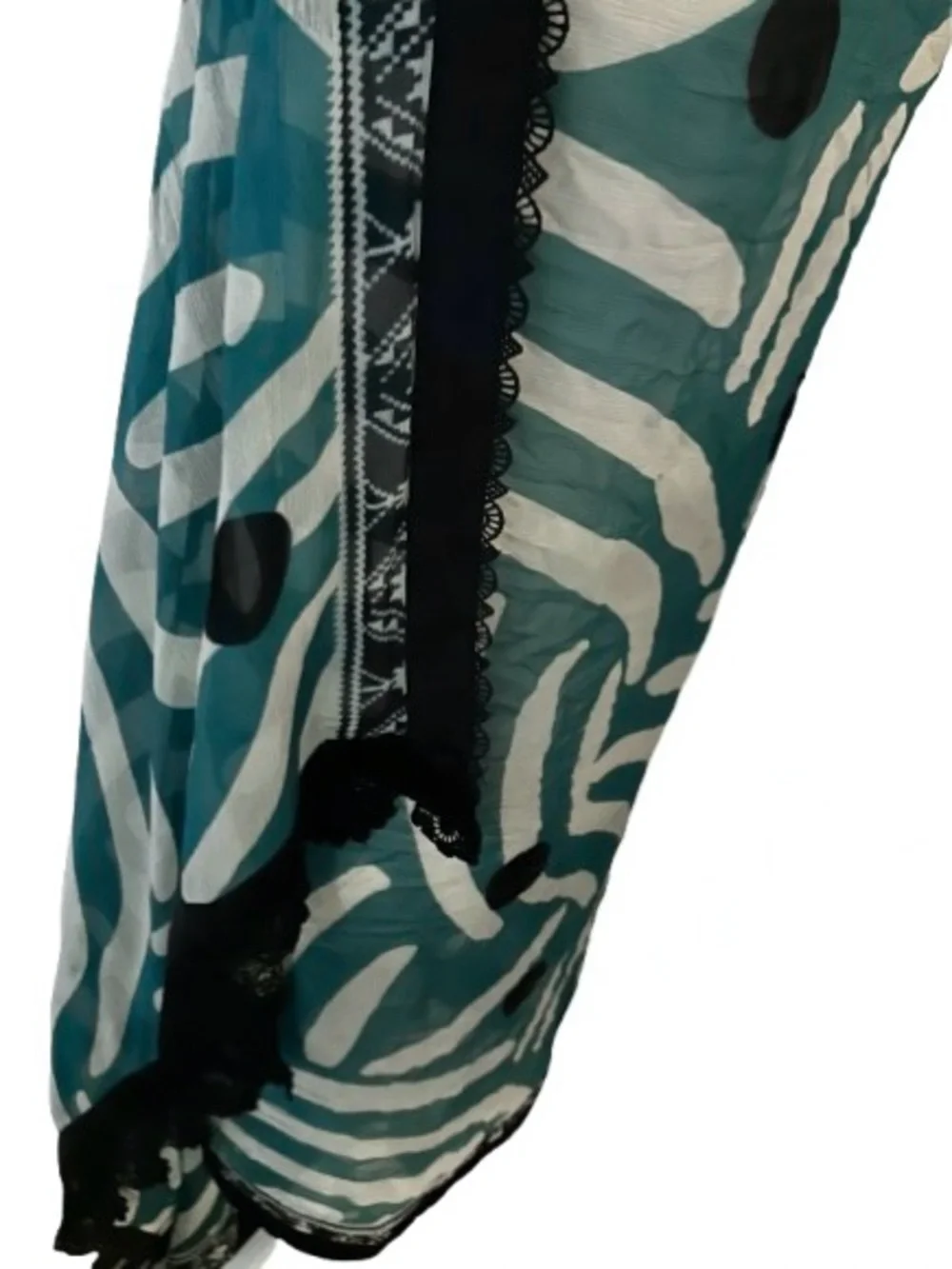 STUNNJNG Extra Long Scarf TEAL & BLACK LACE Sheer Abstract Blue Silk? Boho